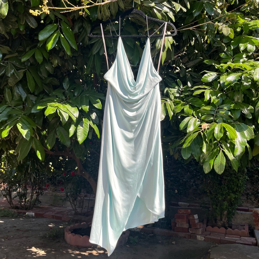 ET OCHS blue mint viscose draped knit crystal stone sleeveless draped midi dress